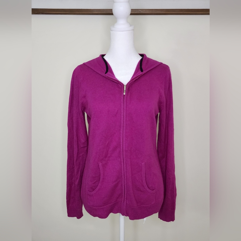 Peck & Peck Women's Magenta Silk & Cashmere Zip-up Hooded Sweater Small Luxury
